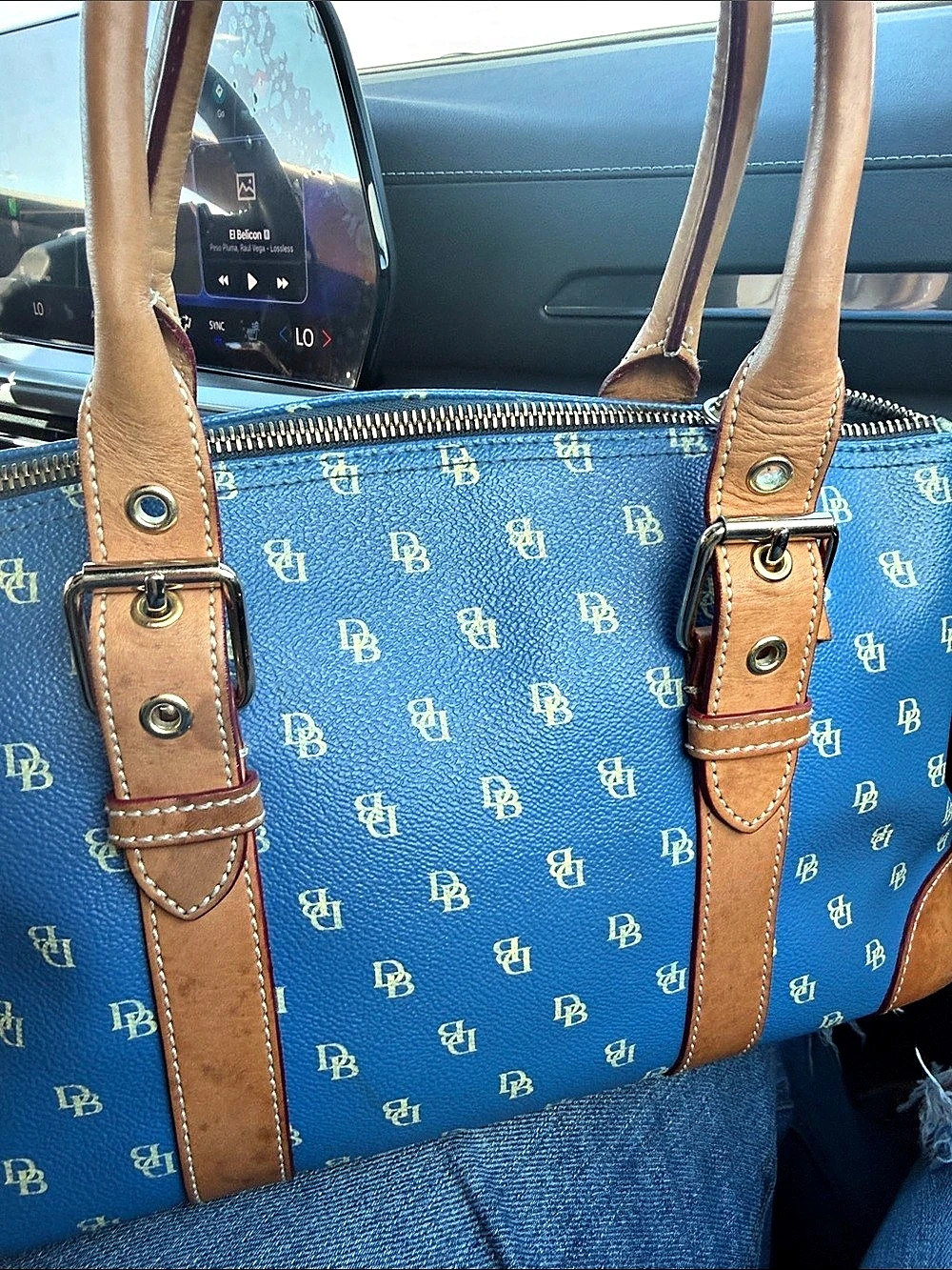 Dooney & Bourke Monogram Tote in Blue & Brown - Picture 3 of 13